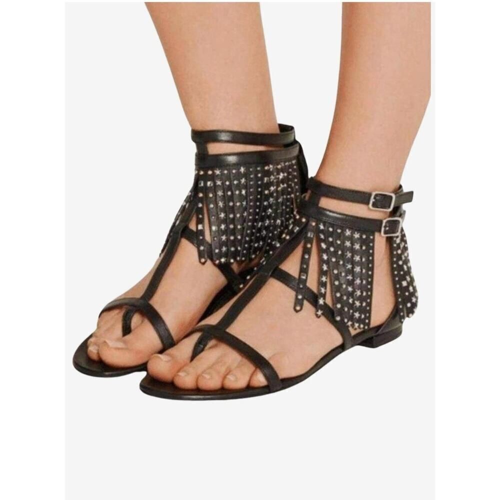 Saint Laurent Women's US8,5 EU39 Black Leather Studded Fringe Gladiator Sandals